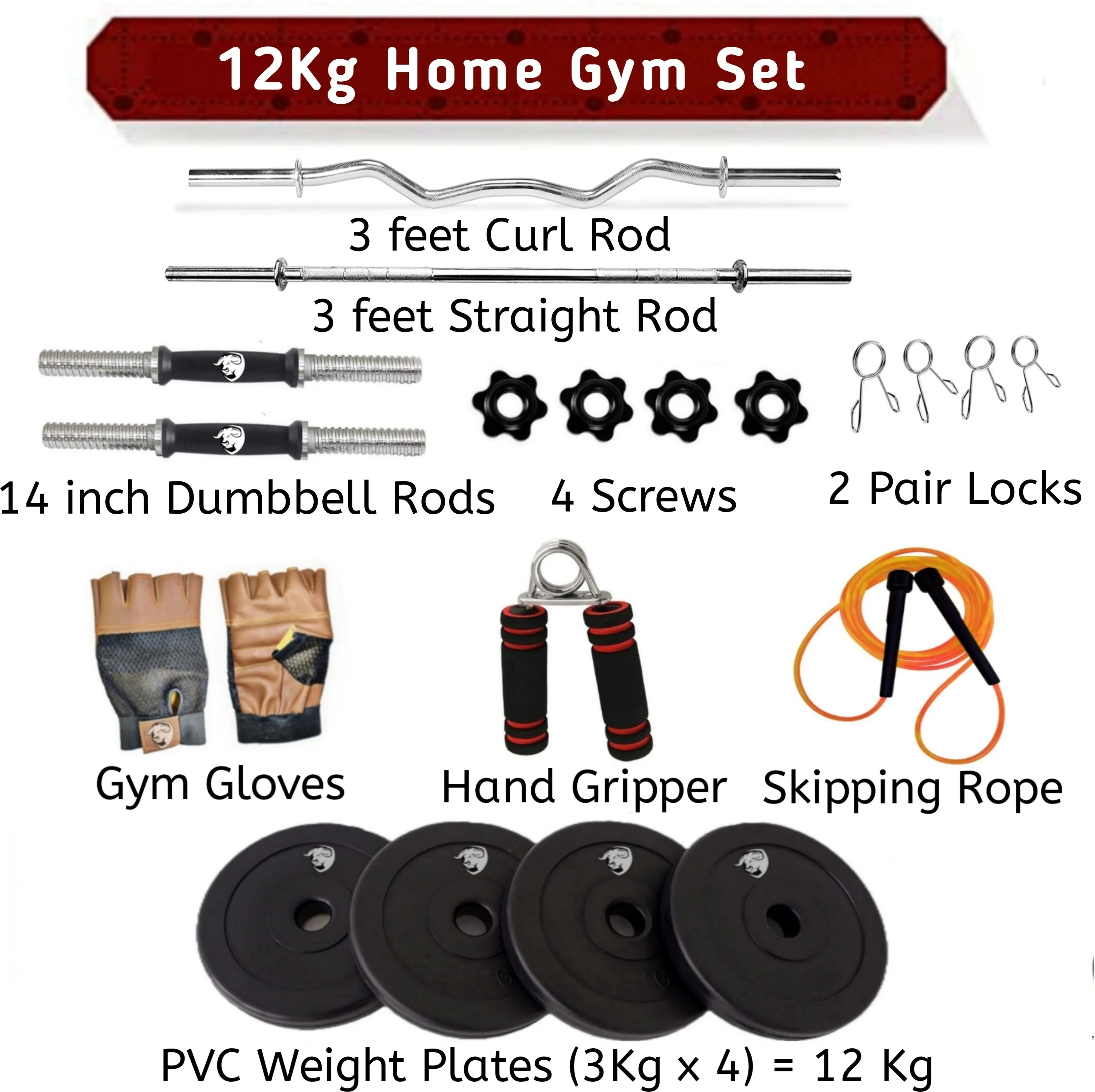 12kg Home Gym Equipment | 3ft Curl Rod | 3ft Straight   One Pair Dumbbell Rods | Weight Plates