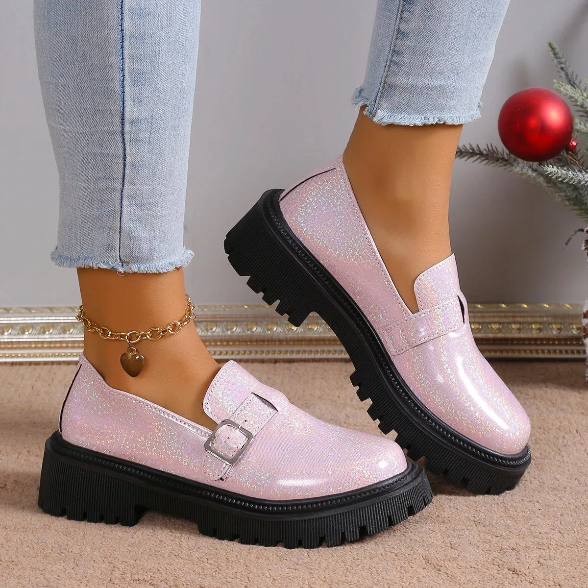 2024 Spring Fashion Laser Loafers for Women - Platform Metal Buckle Flat Shoes, Round Toe Slip-On Casual Shoes