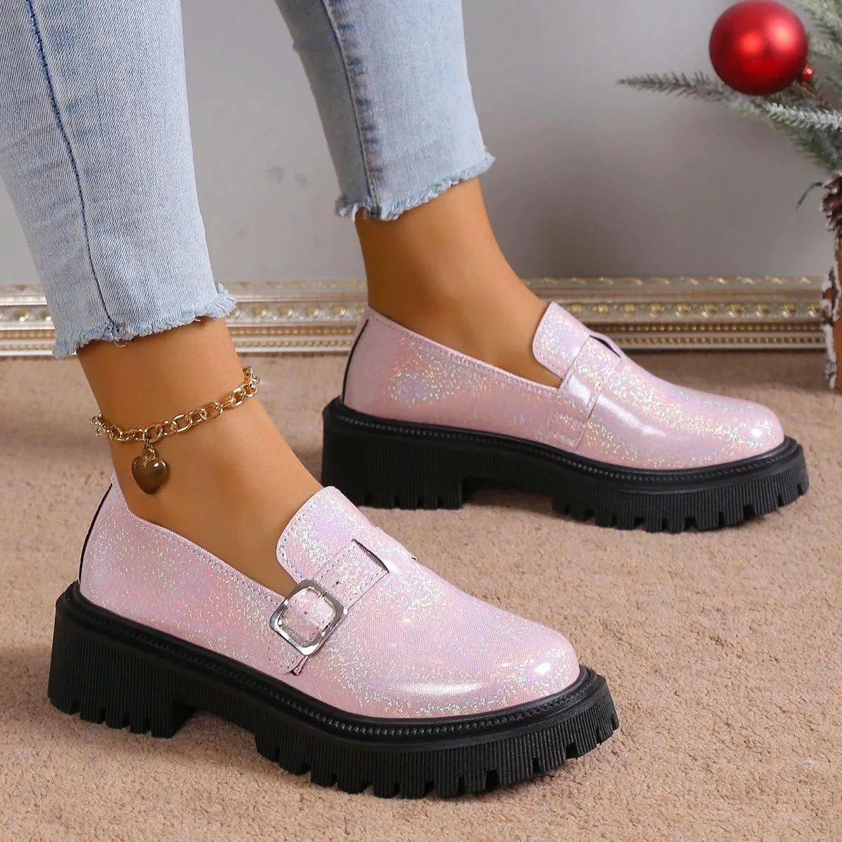 2024 Spring Fashion Laser Loafers for Women - Platform Metal Buckle Flat Shoes, Round Toe Slip-On Casual Shoes