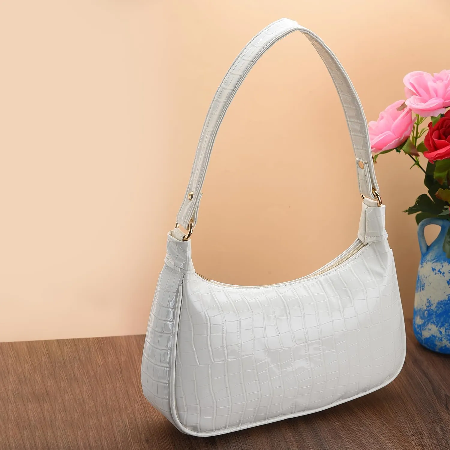 ALNA Shoulder Bags for Women | Mini Handbags with Croc Pattern | Shoulder Bag-White