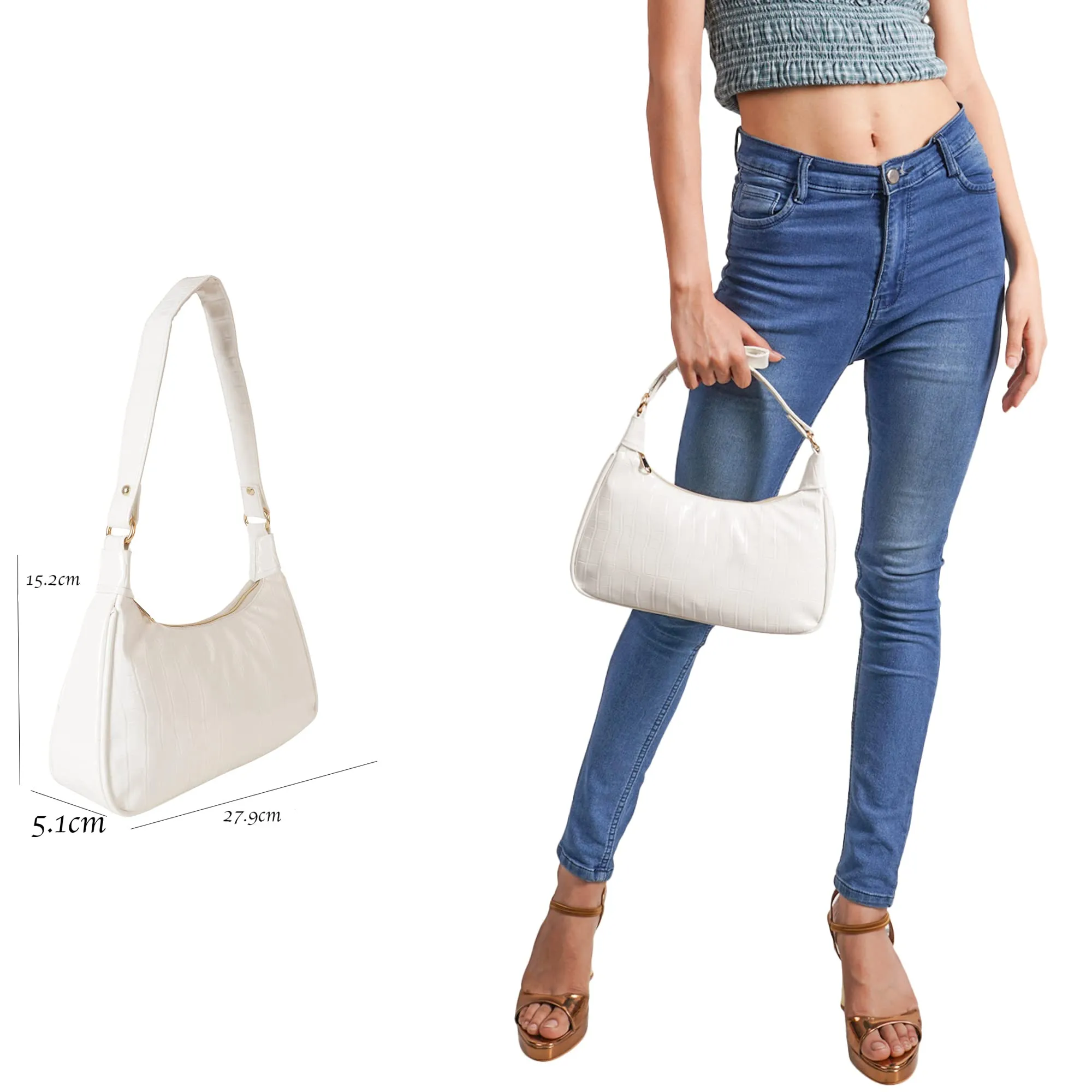 ALNA Shoulder Bags for Women | Mini Handbags with Croc Pattern | Shoulder Bag-White