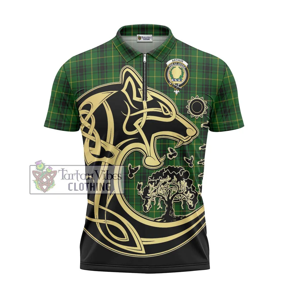 Arthur Tartan Zipper Polo Shirt with Family Crest Celtic Wolf Style