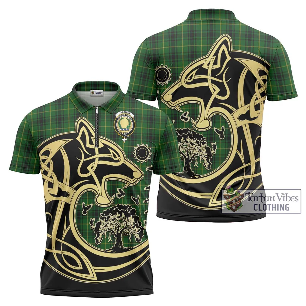 Arthur Tartan Zipper Polo Shirt with Family Crest Celtic Wolf Style