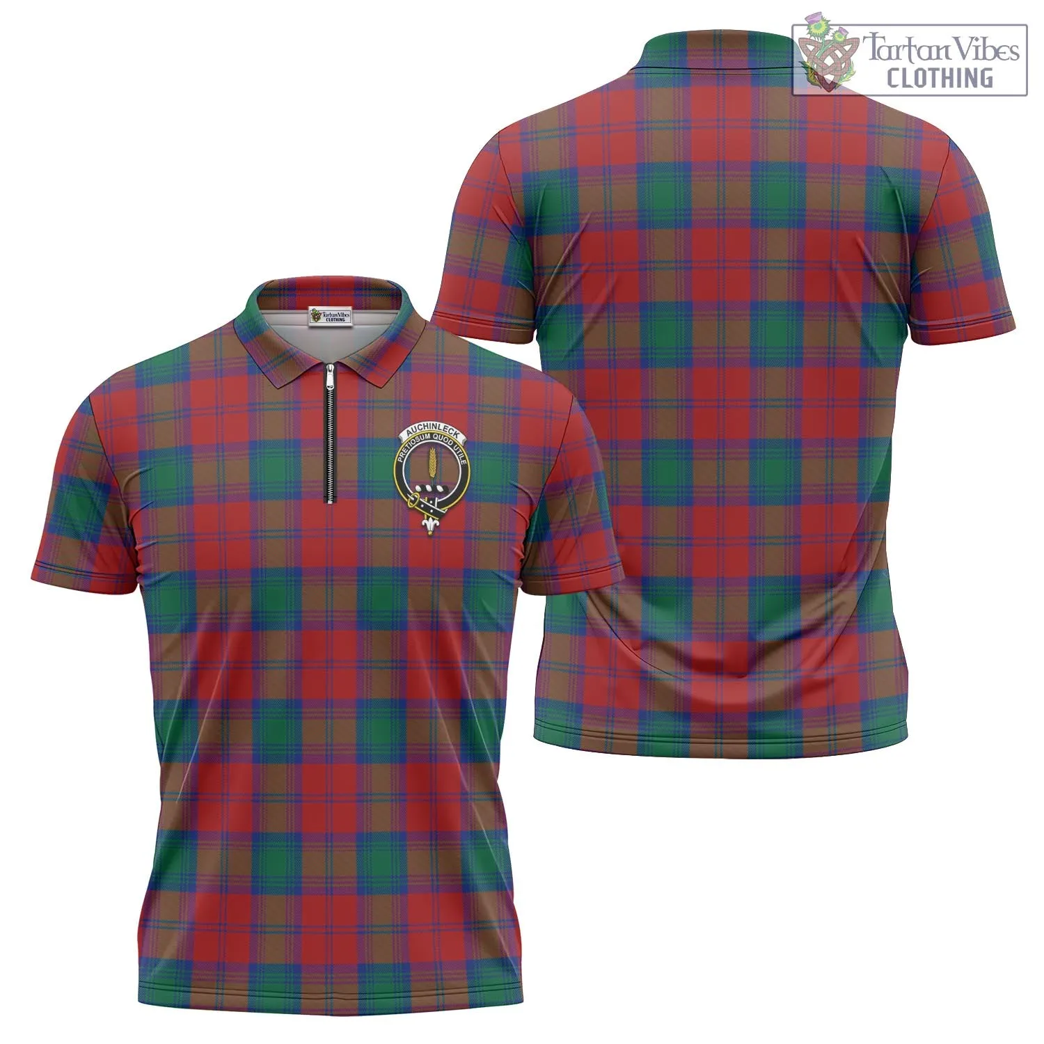 Auchinleck (Affleck) Tartan Zipper Polo Shirt with Family Crest