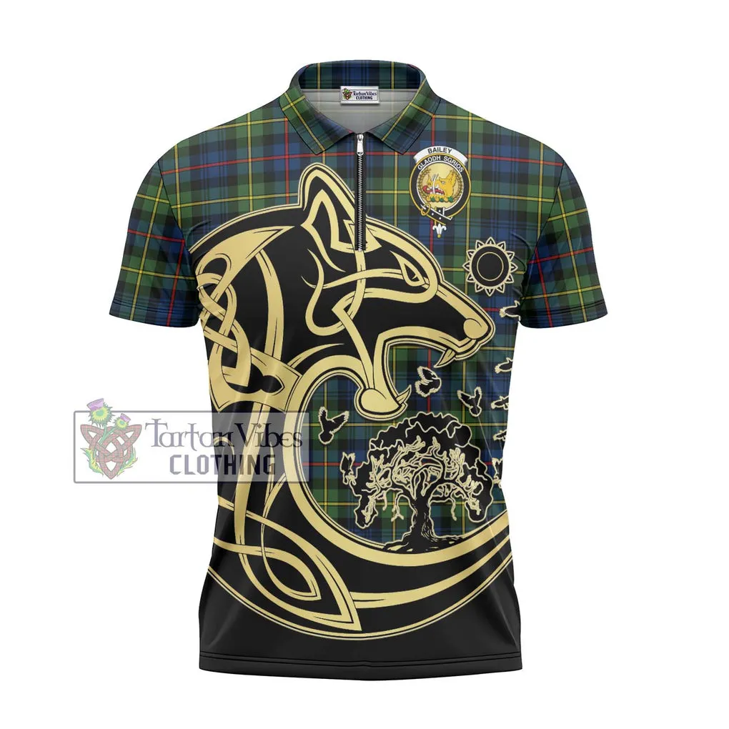 Bailey Modern Tartan Zipper Polo Shirt with Family Crest Celtic Wolf Style