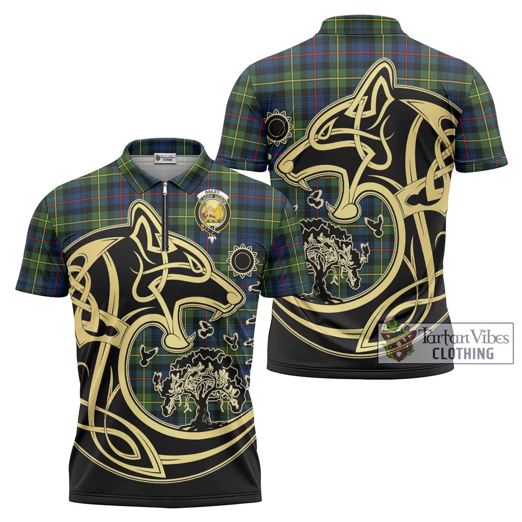 Bailey Modern Tartan Zipper Polo Shirt with Family Crest Celtic Wolf Style