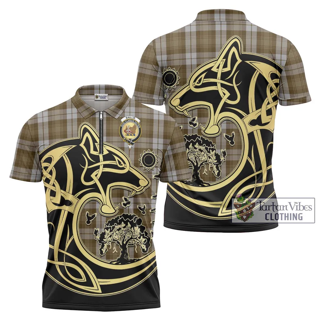 Baillie Dress Tartan Zipper Polo Shirt with Family Crest Celtic Wolf Style