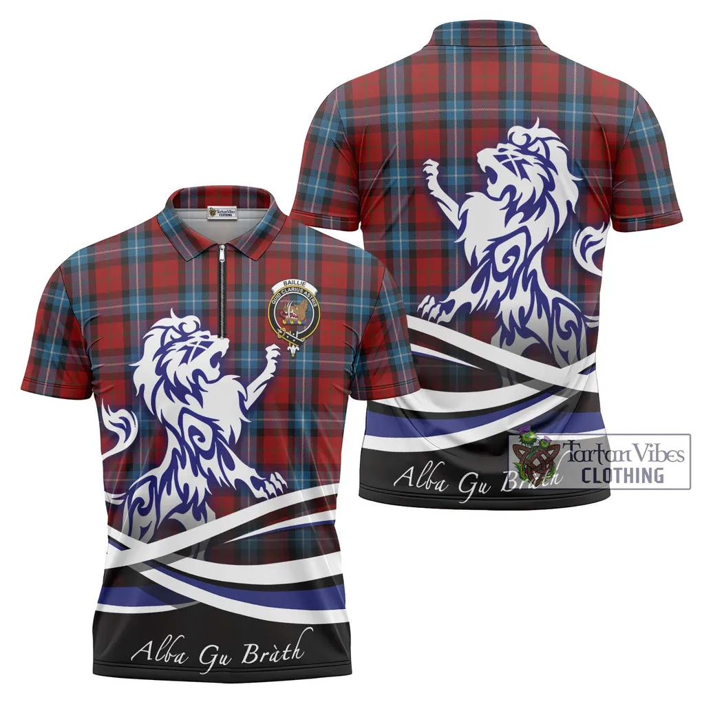 Baillie of Polkemmet Red Tartan Zipper Polo Shirt with Alba Gu Brath Regal Lion Emblem