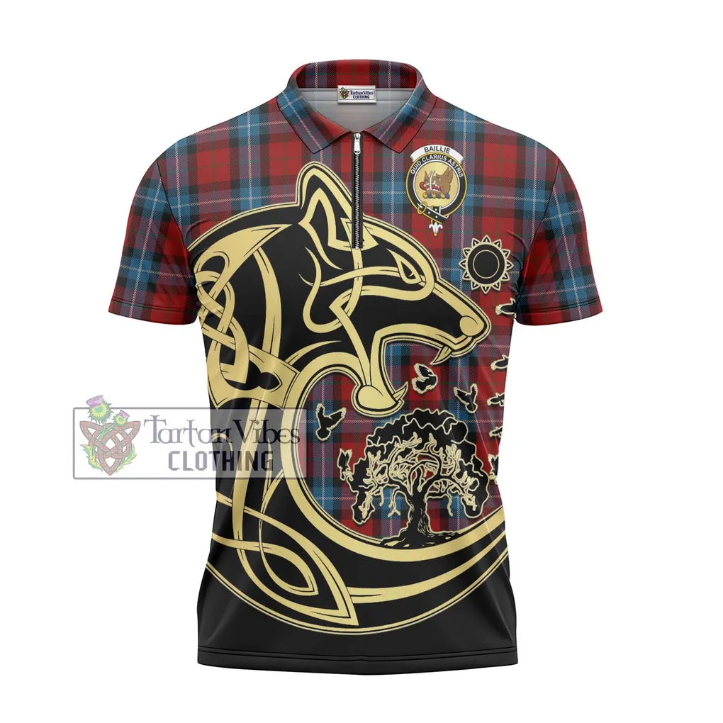 Baillie of Polkemmet Red Tartan Zipper Polo Shirt with Family Crest Celtic Wolf Style