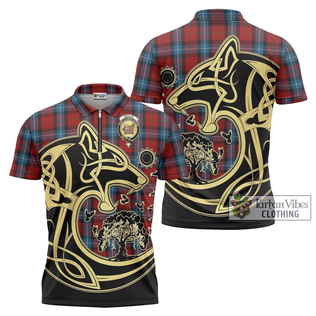 Baillie of Polkemmet Red Tartan Zipper Polo Shirt with Family Crest Celtic Wolf Style