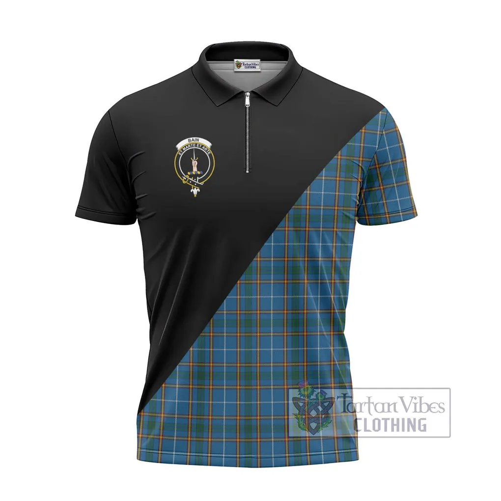 Bain Tartan Zipper Polo Shirt with Family Crest and Military Logo Style