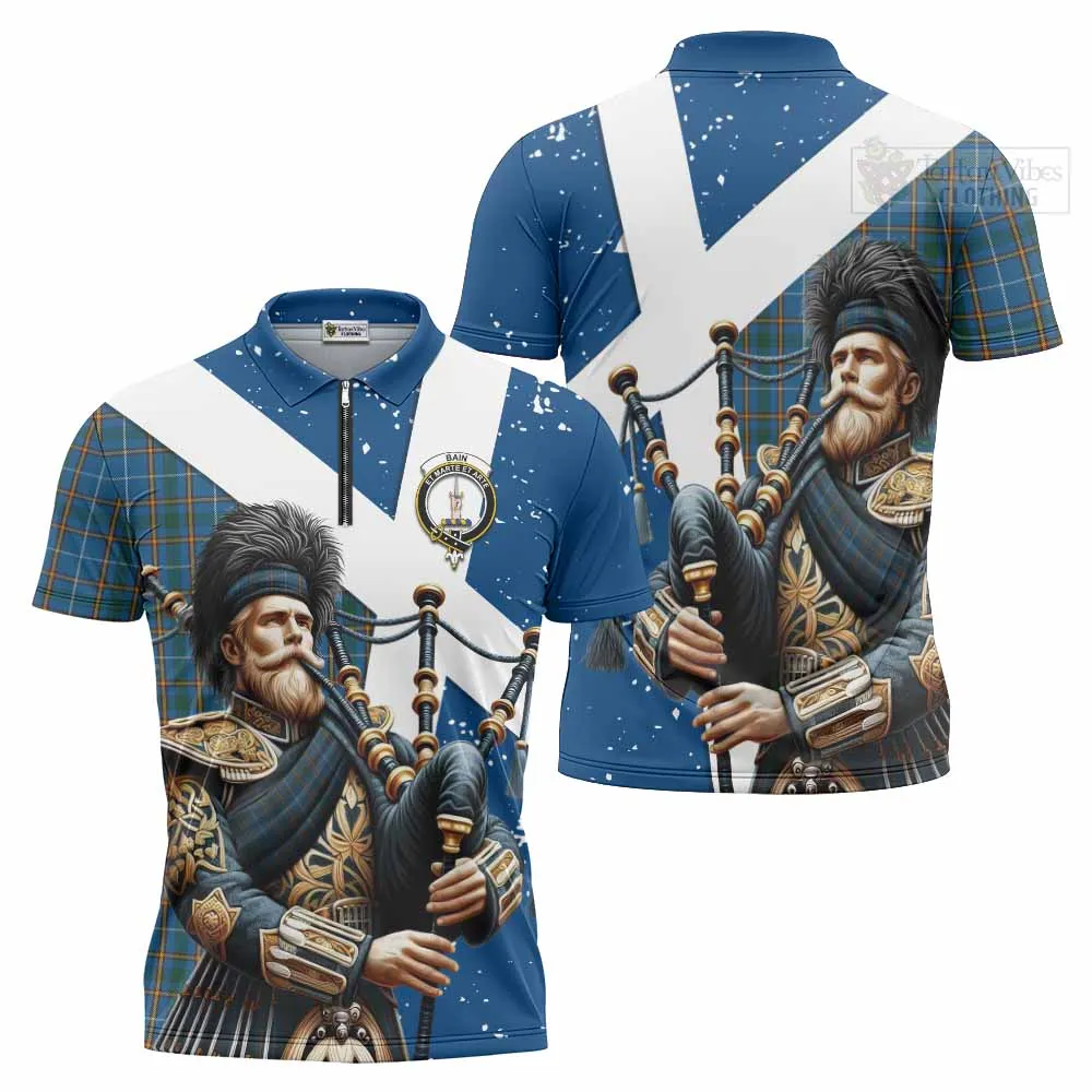 Bain Tartan Zipper Polo Shirt with Family Crest Scottish Bagpiper Vibes