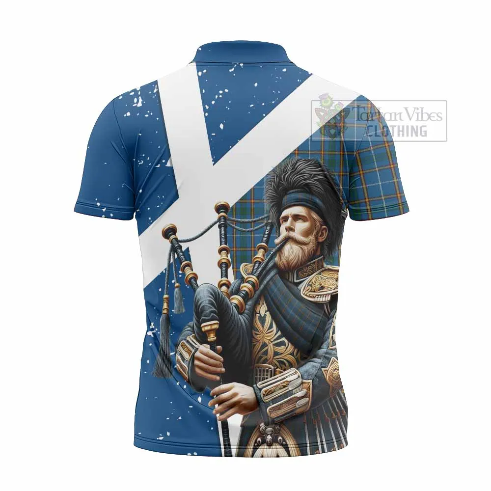 Bain Tartan Zipper Polo Shirt with Family Crest Scottish Bagpiper Vibes