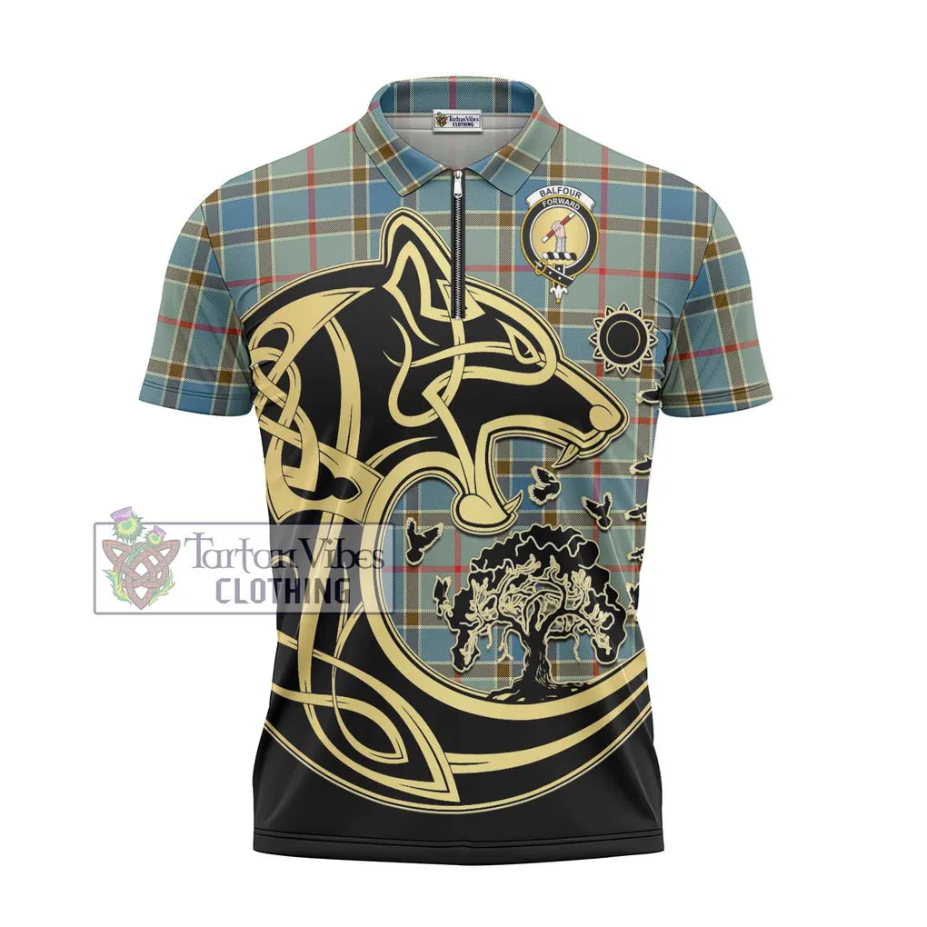 Balfour Blue Tartan Zipper Polo Shirt with Family Crest Celtic Wolf Style