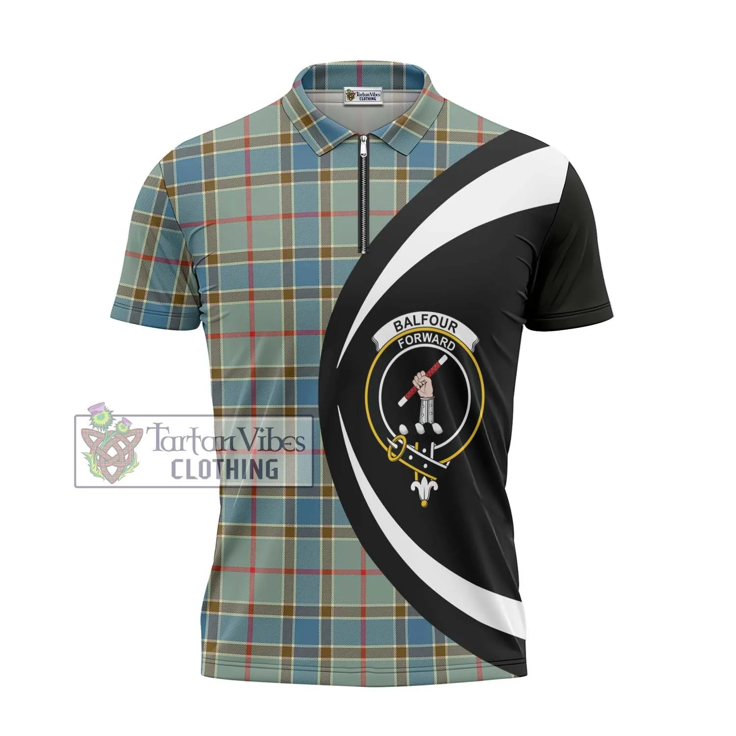 Balfour Blue Tartan Zipper Polo Shirt with Family Crest Circle Style