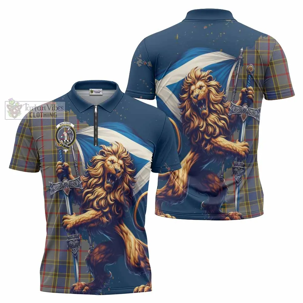 Balfour Tartan Family Crest Zipper Polo Shirt with Scottish Majestic Lion