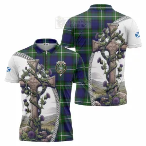 Bannerman Tartan Zipper Polo Shirt with Family Crest and St. Andrew's Cross Accented by Thistle Vines