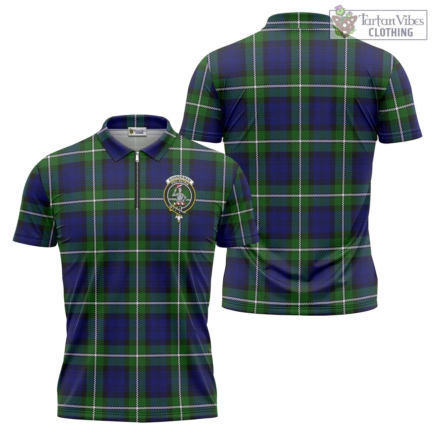 Bannerman Tartan Zipper Polo Shirt with Family Crest