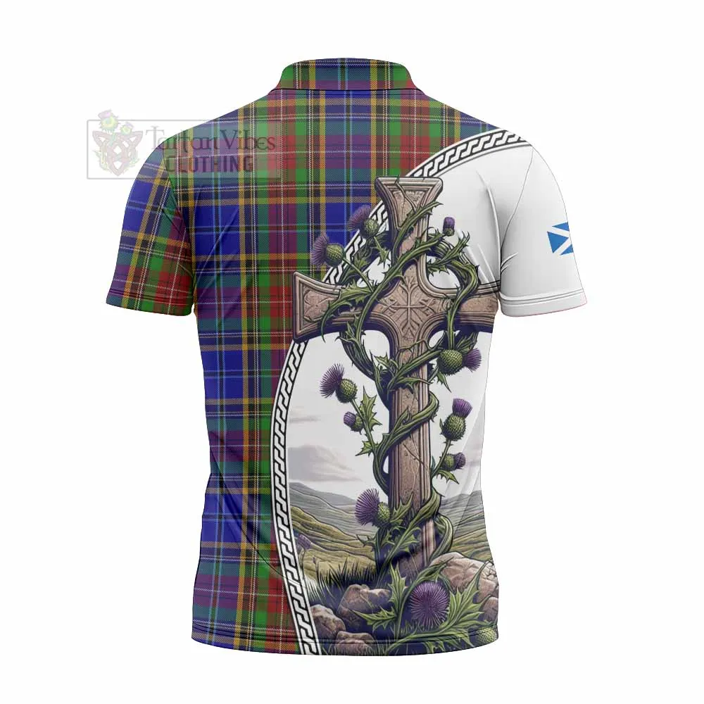 Beattie (Beatty) Tartan Zipper Polo Shirt with Family Crest and St. Andrew's Cross Accented by Thistle Vines