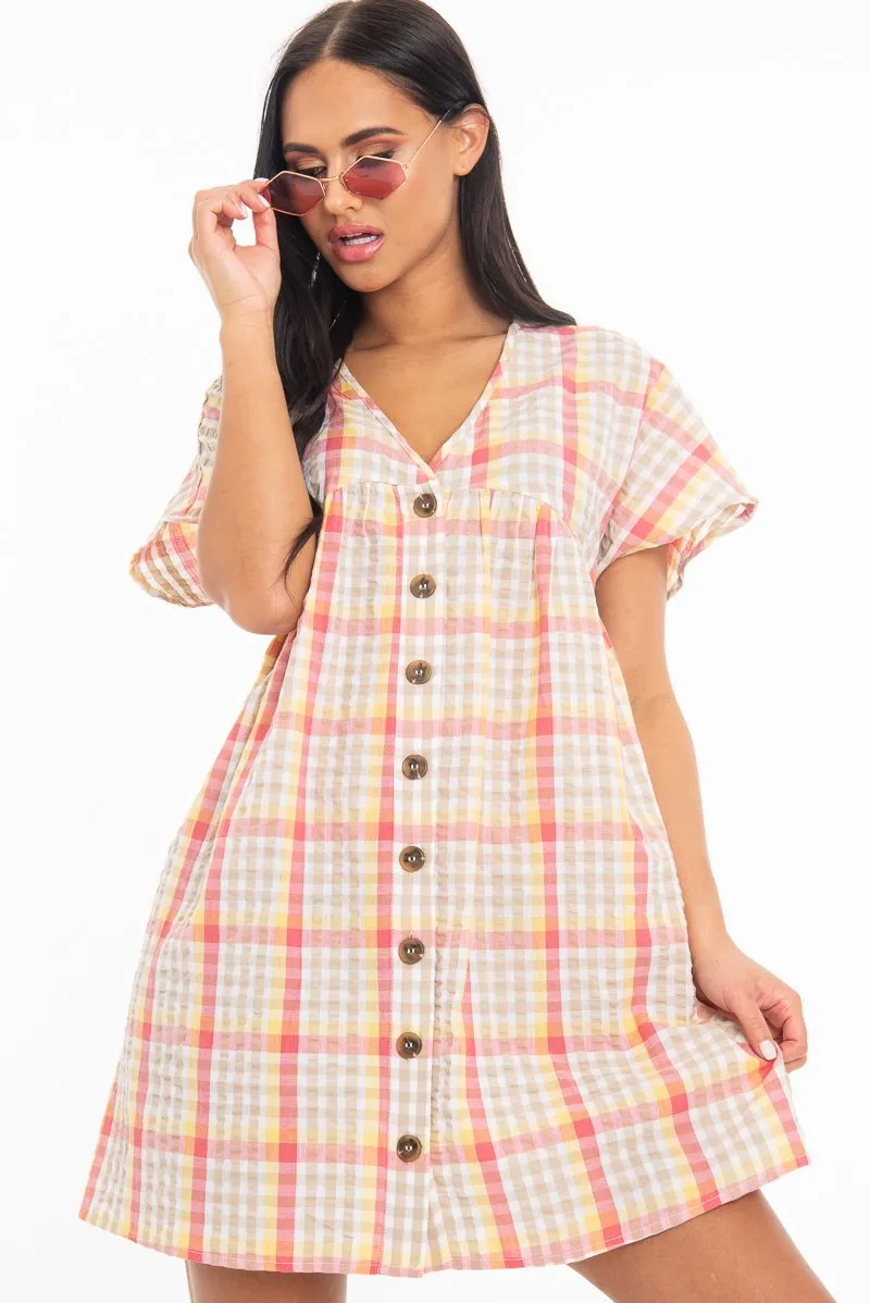 Beige Gingham Plunge Button Front Woven Smock Dress - Sianna