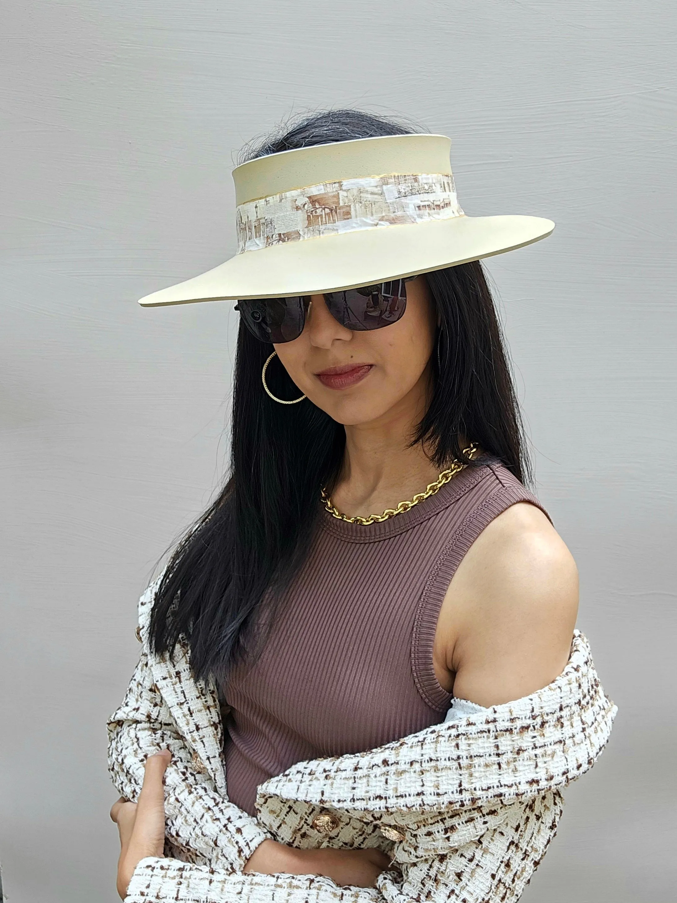 Beige "LadyEVA" Visor Hat with Architectural Collage Band