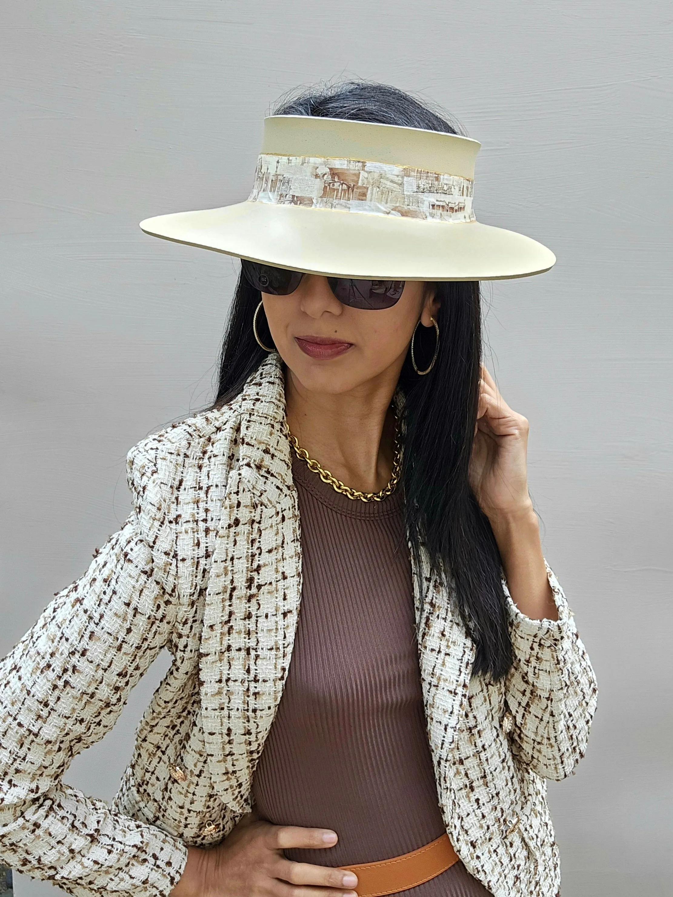 Beige "LadyEVA" Visor Hat with Architectural Collage Band