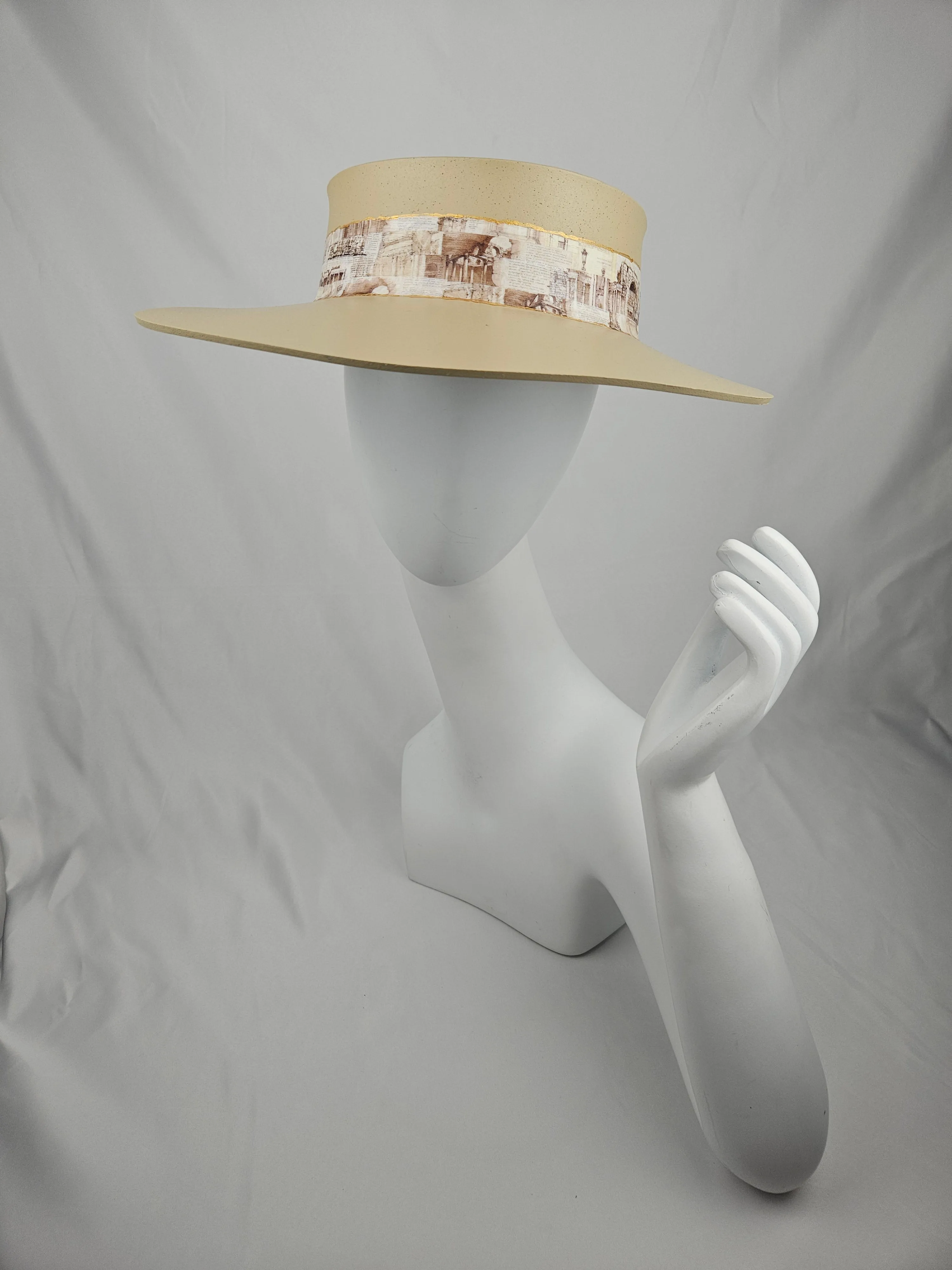 Beige "LadyEVA" Visor Hat with Architectural Collage Band