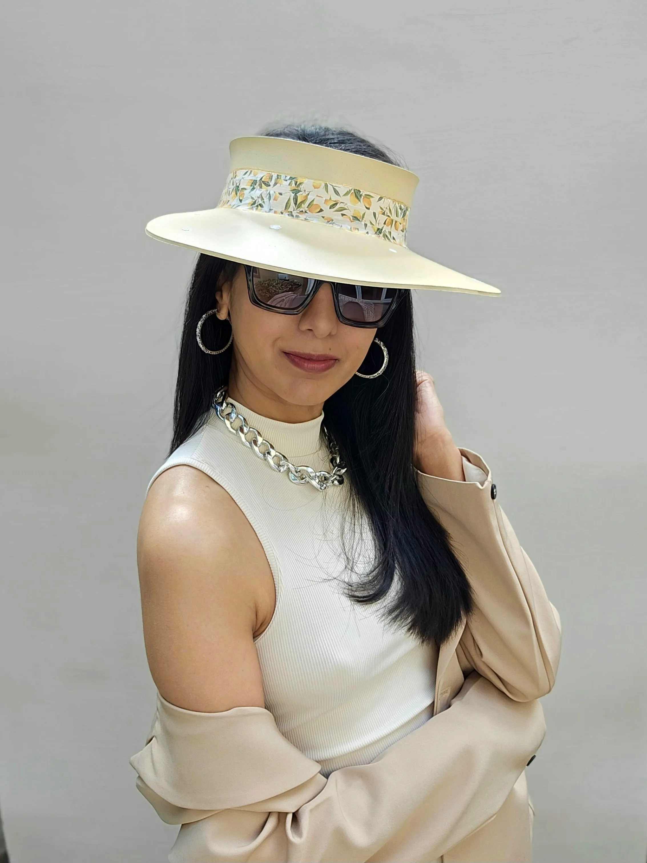 Beige "LadyEVA" Visor Hat with Citrus Floral Band and White Flowers on Brim