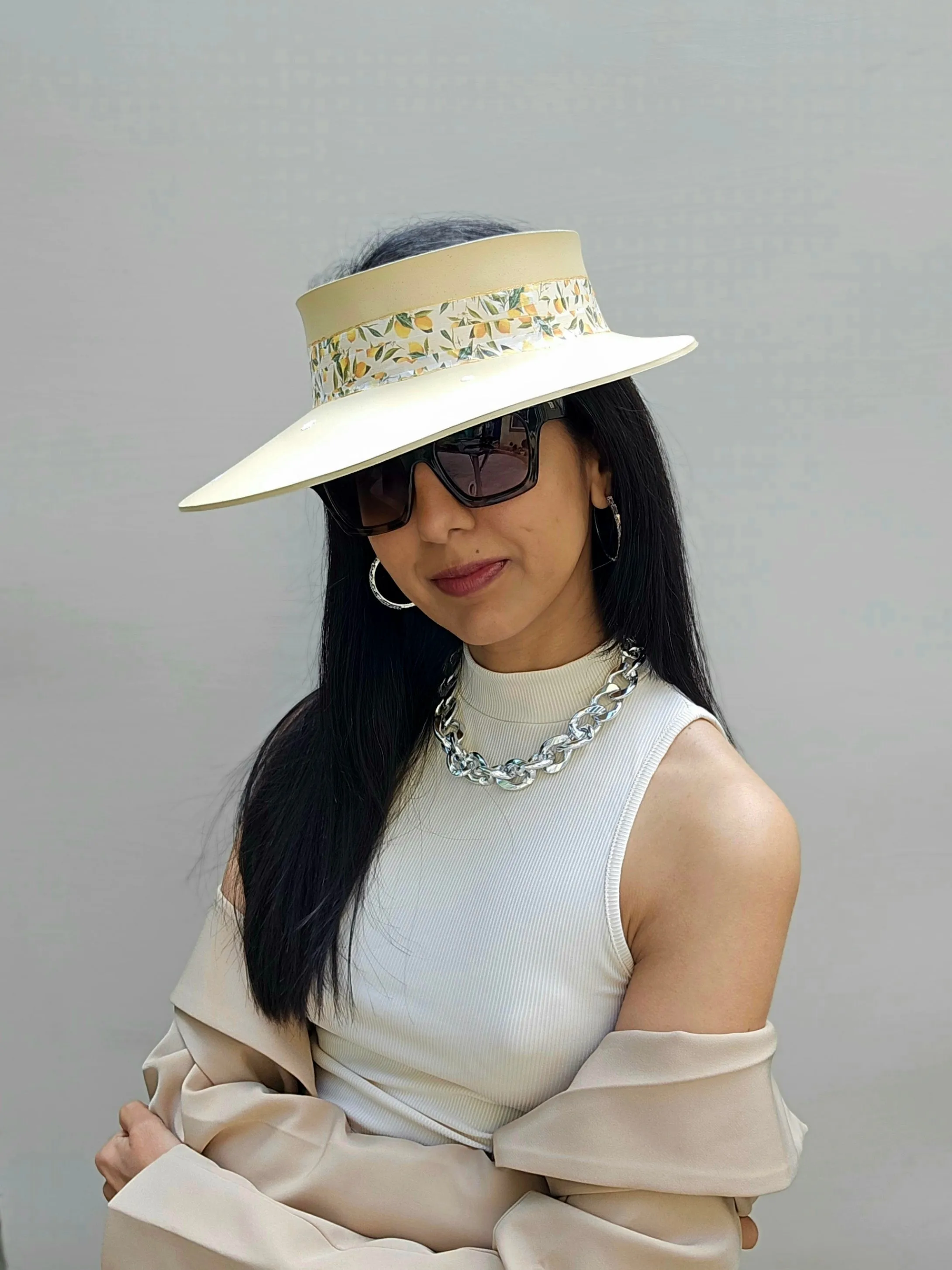 Beige "LadyEVA" Visor Hat with Citrus Floral Band and White Flowers on Brim