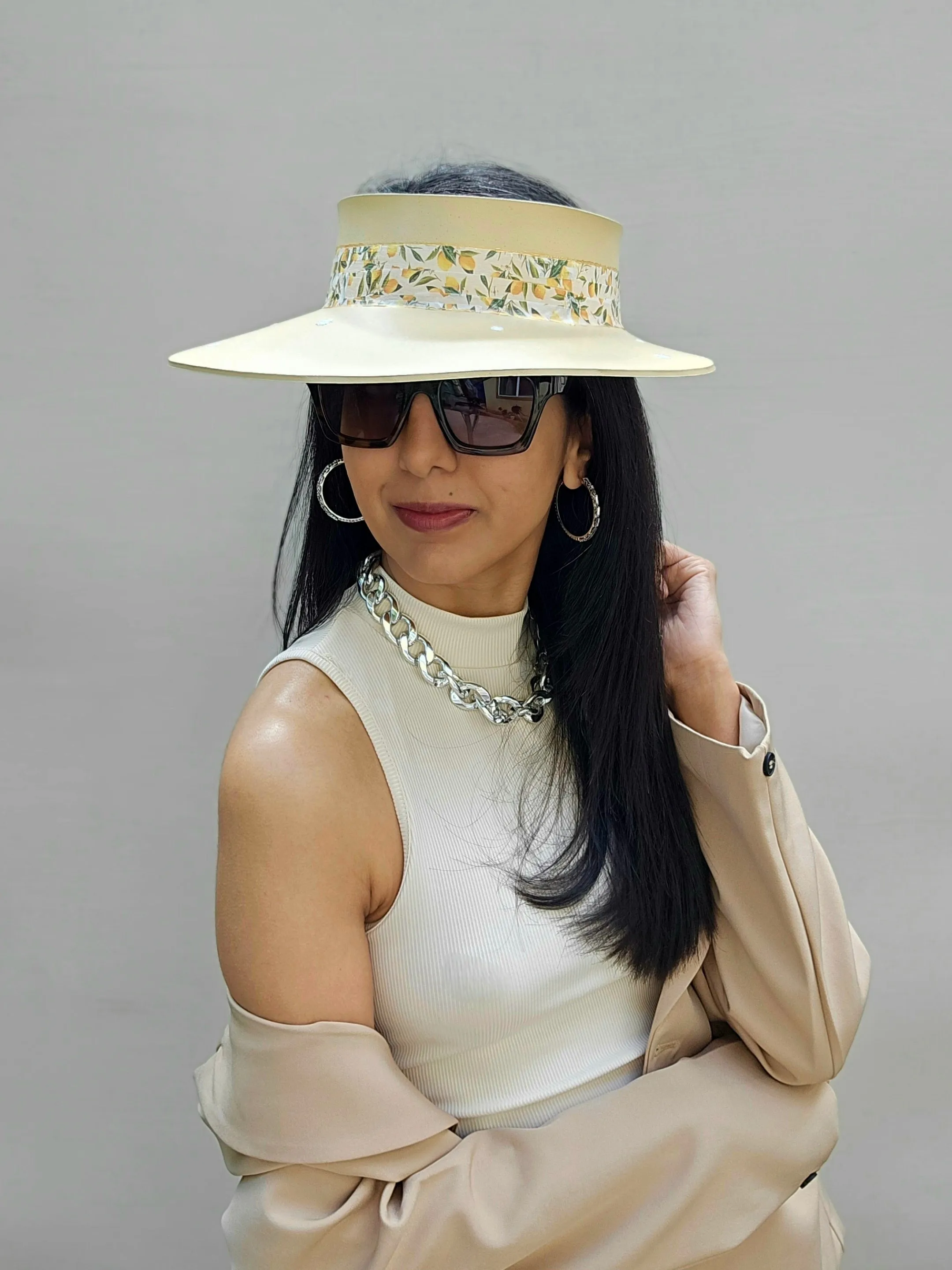 Beige "LadyEVA" Visor Hat with Citrus Floral Band and White Flowers on Brim