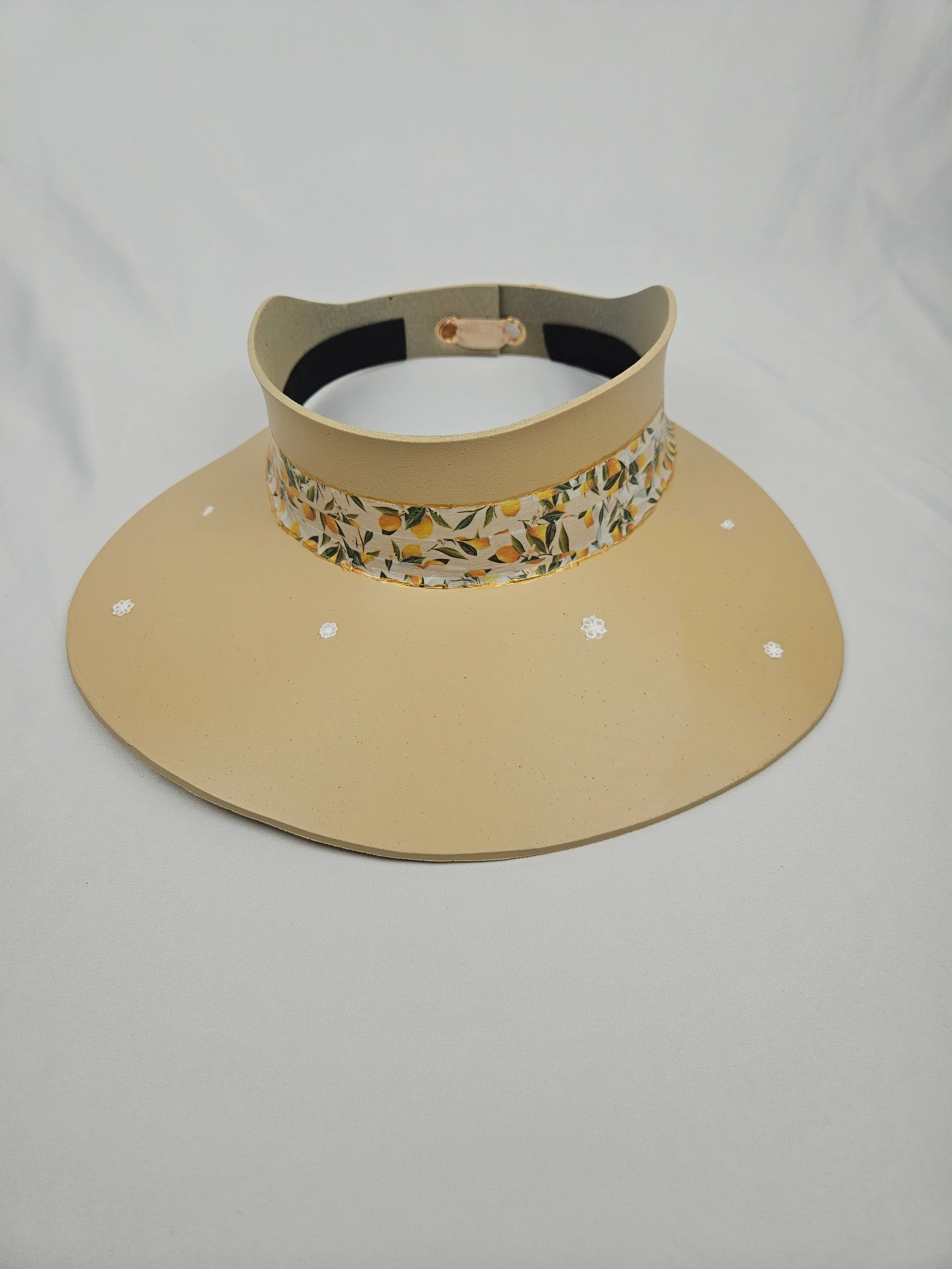 Beige "LadyEVA" Visor Hat with Citrus Floral Band and White Flowers on Brim