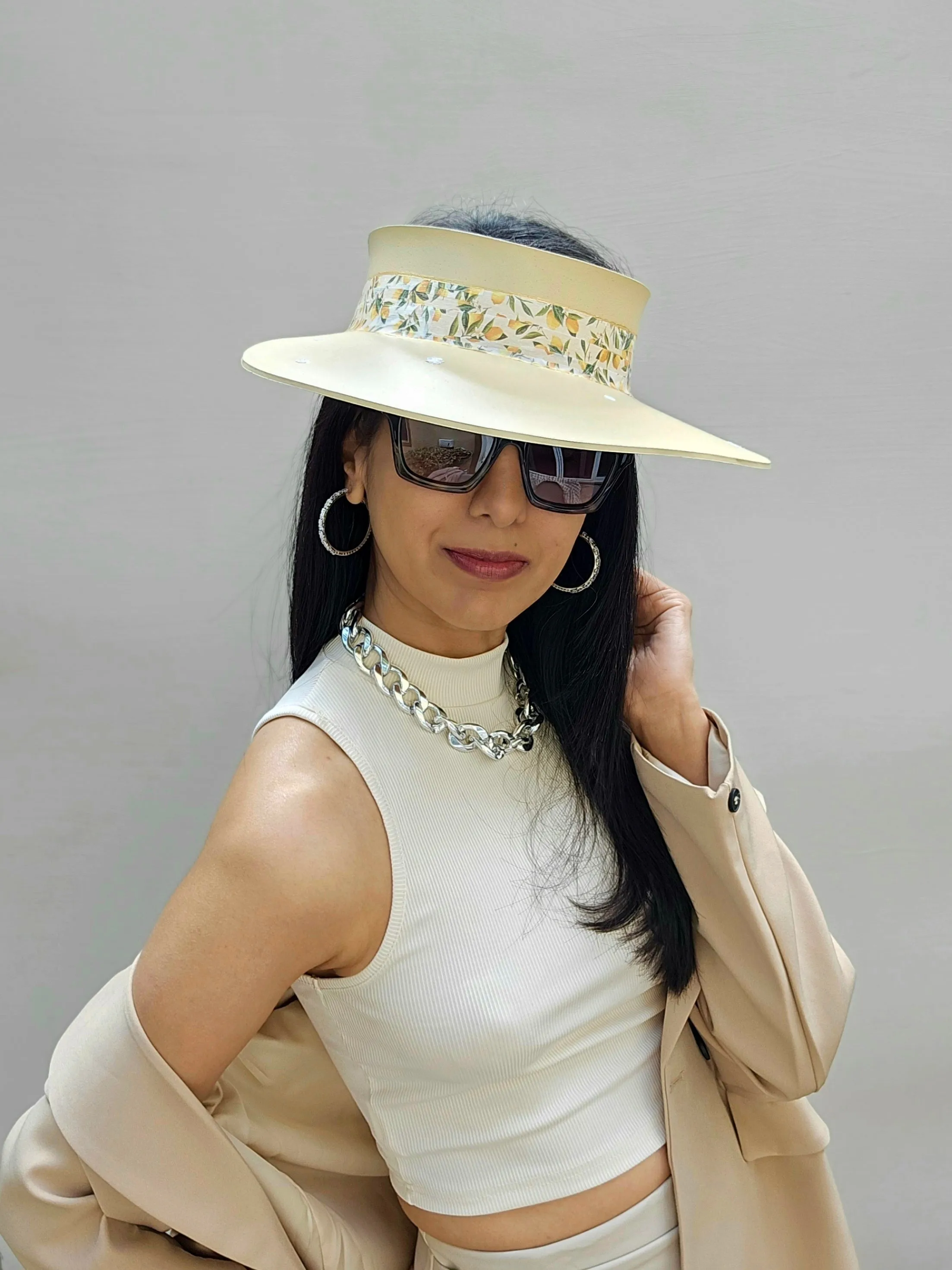 Beige "LadyEVA" Visor Hat with Citrus Floral Band and White Flowers on Brim