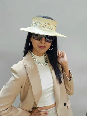 Beige "LadyEVA" Visor Hat with Citrus Floral Band and White Flowers on Brim