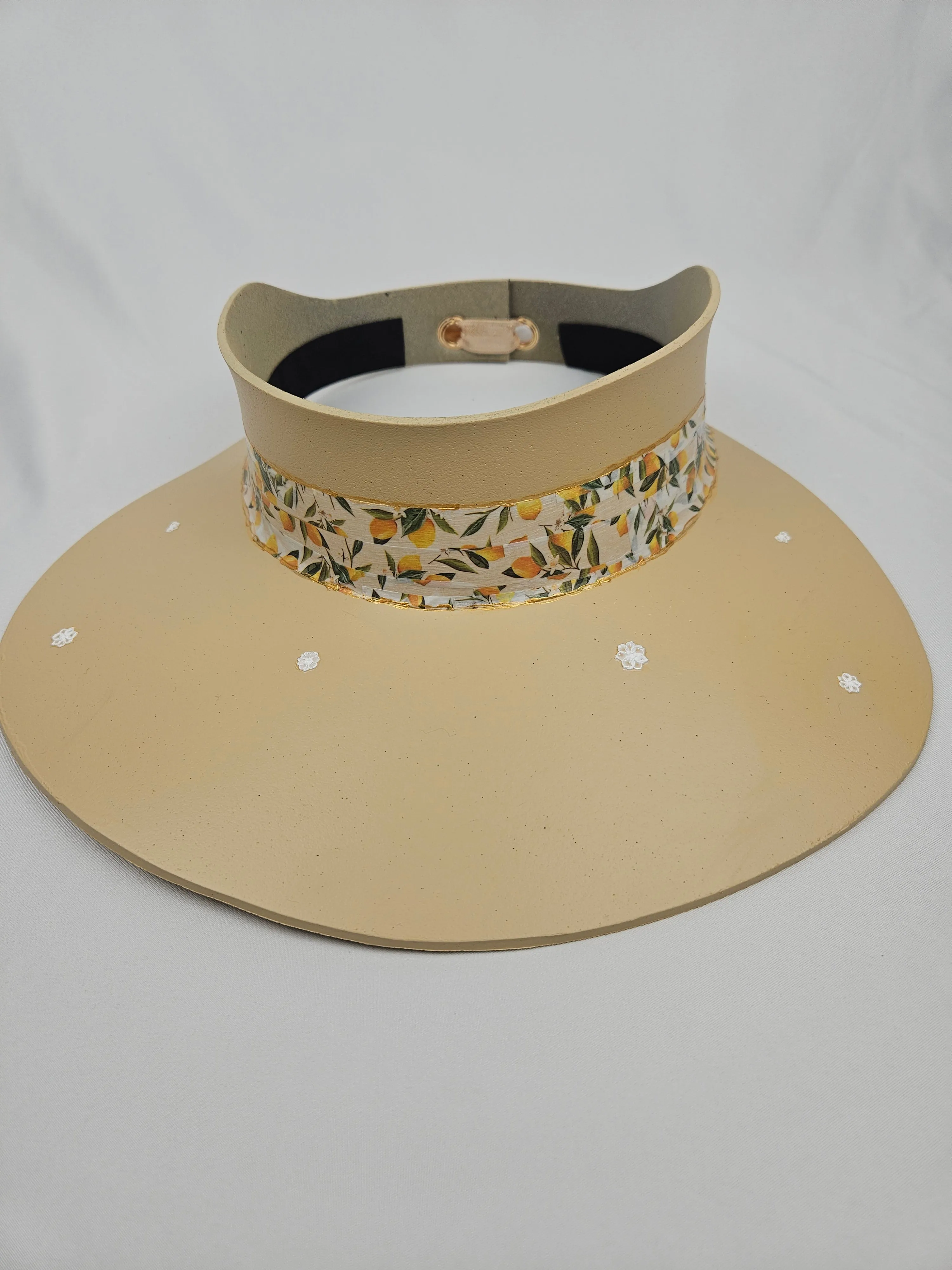 Beige "LadyEVA" Visor Hat with Citrus Floral Band and White Flowers on Brim