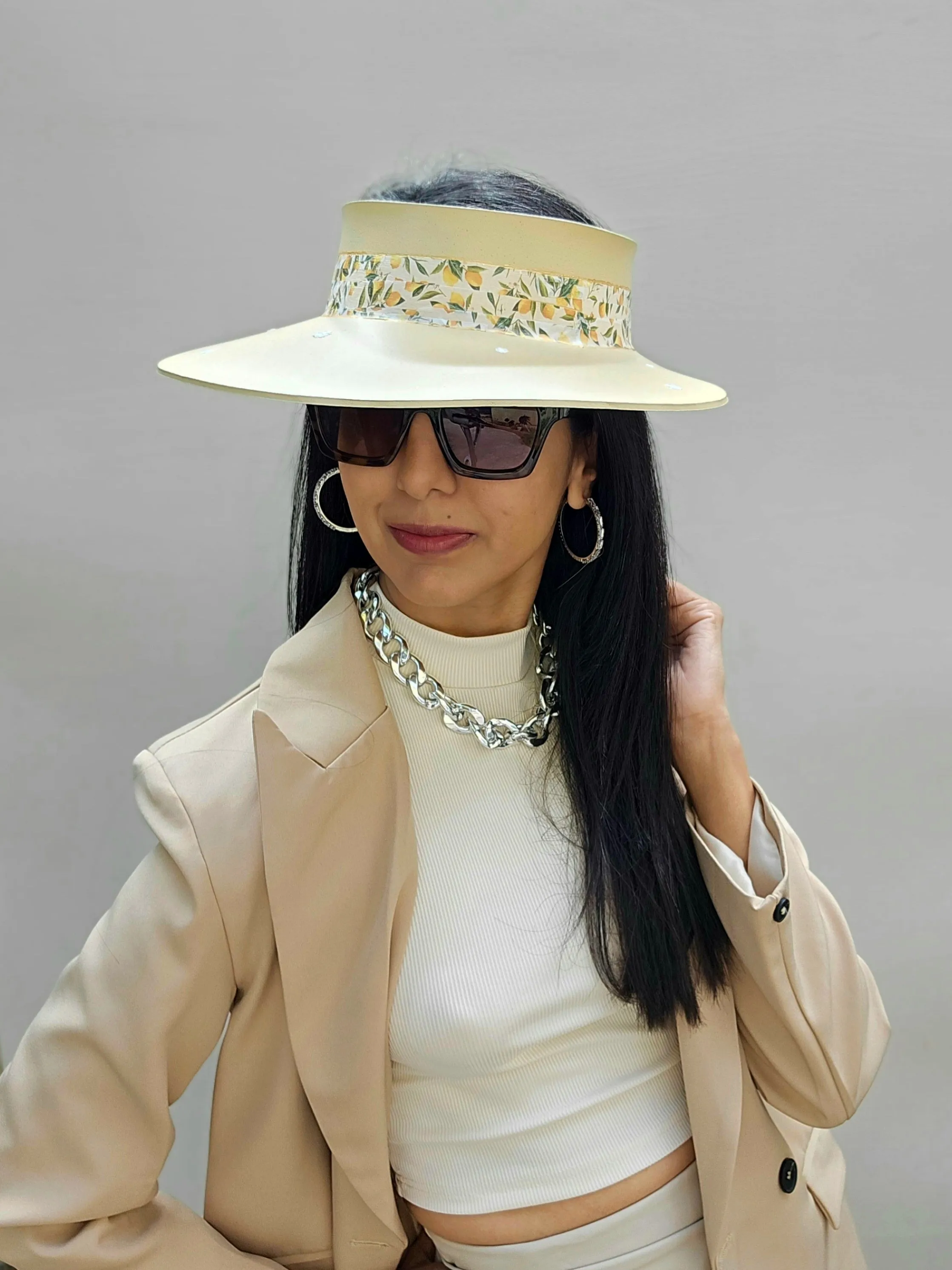 Beige "LadyEVA" Visor Hat with Citrus Floral Band and White Flowers on Brim