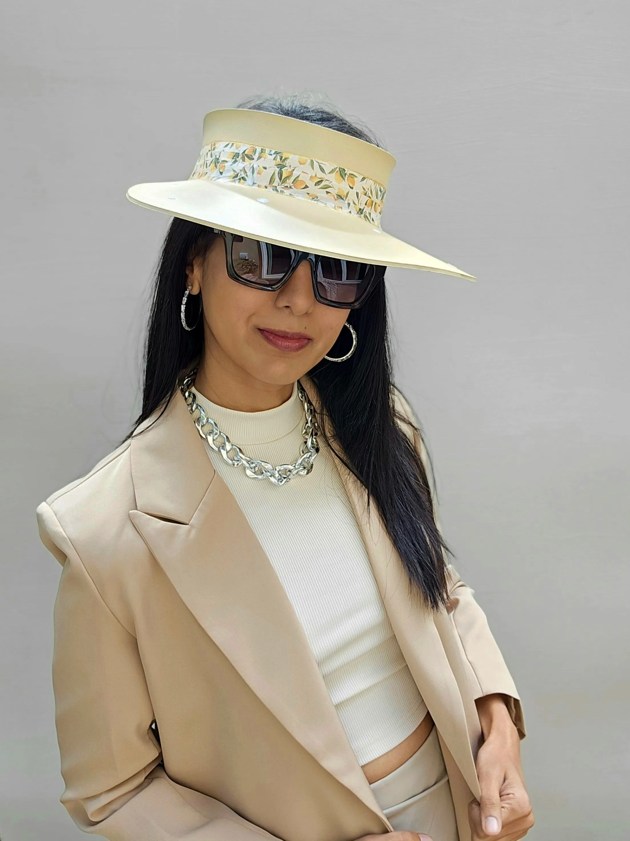 Beige "LadyEVA" Visor Hat with Citrus Floral Band and White Flowers on Brim