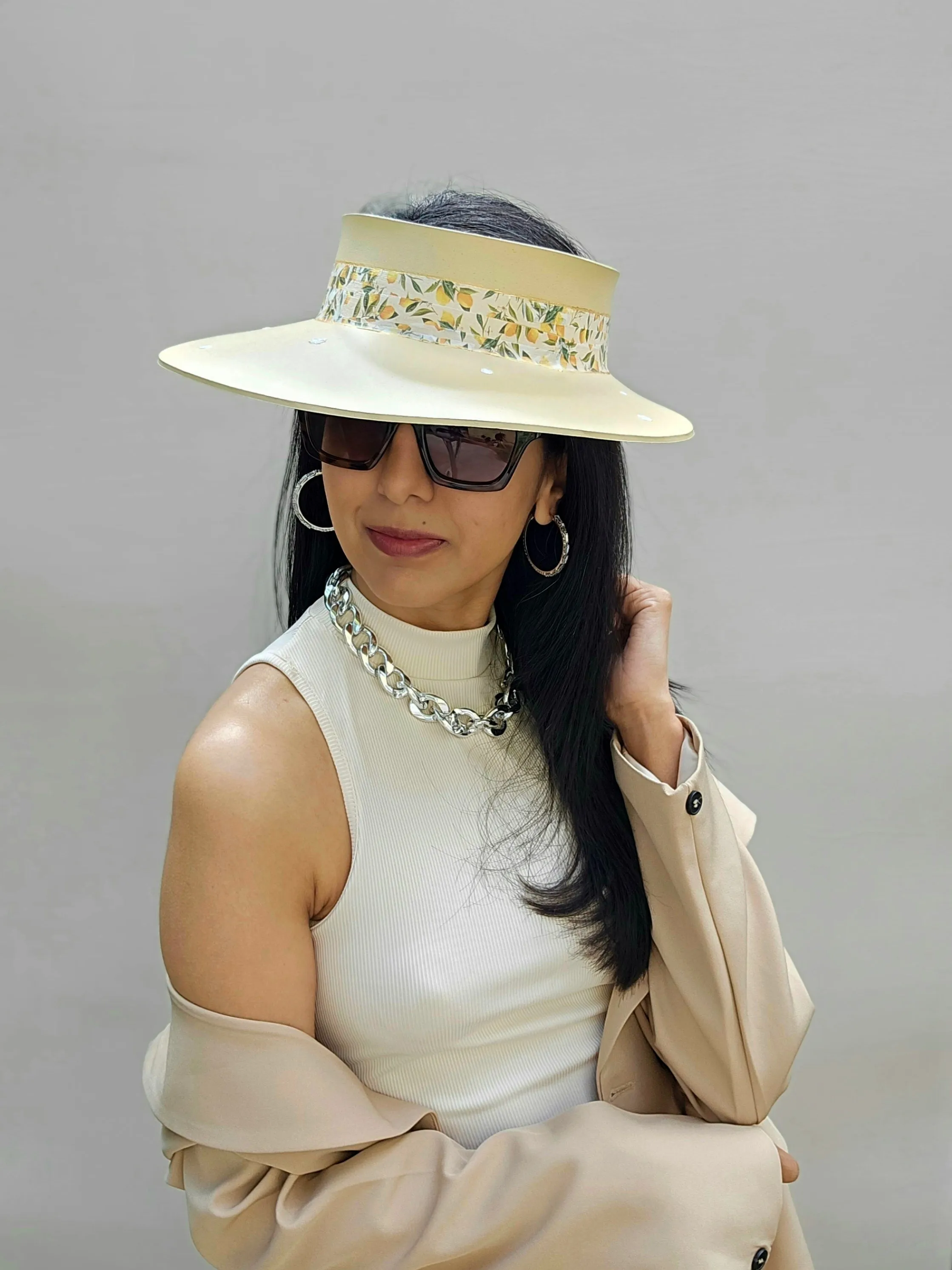 Beige "LadyEVA" Visor Hat with Citrus Floral Band and White Flowers on Brim