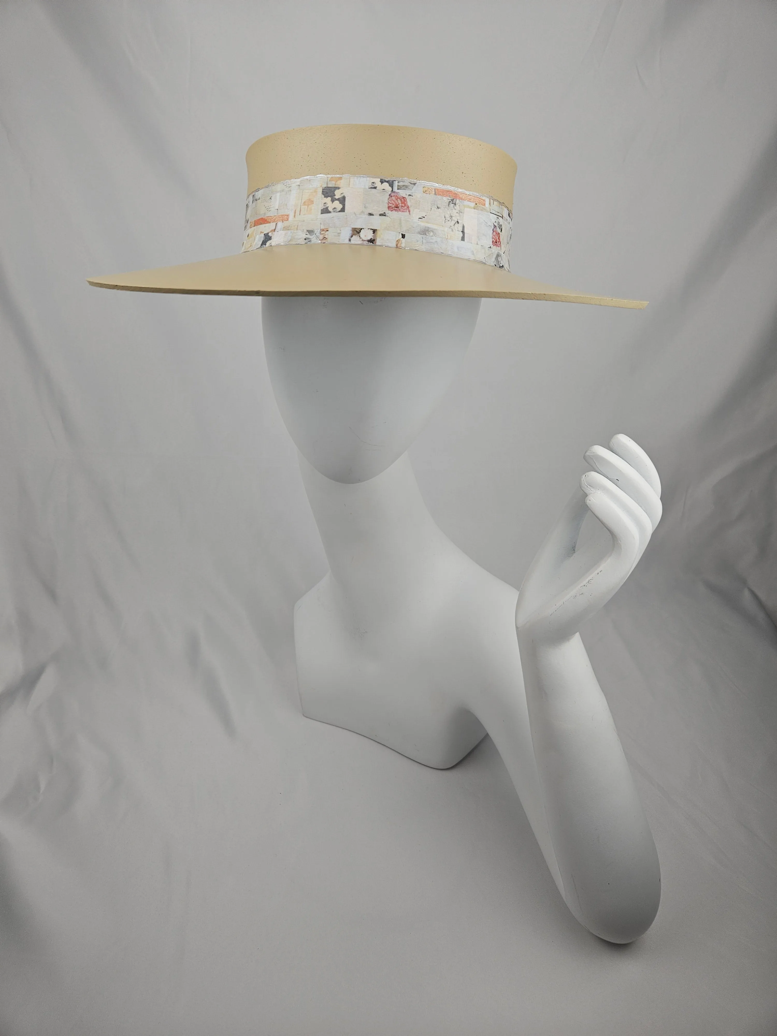 Beige "LadyEVA" Visor Hat with Cute Vintage Floral Collage Band