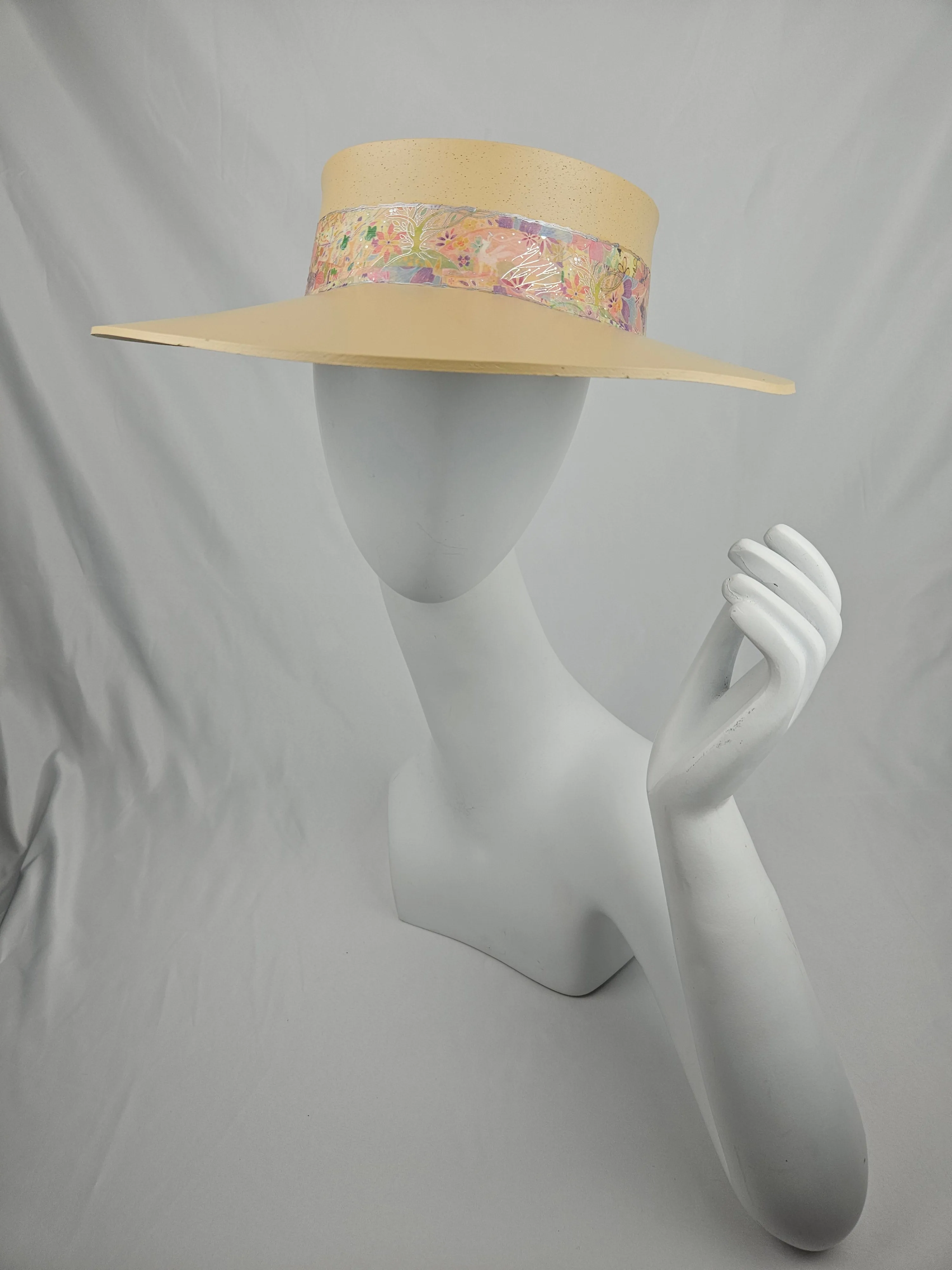 Beige "LadyEVA" Visor Hat with Multicolor Pastel Floral Band