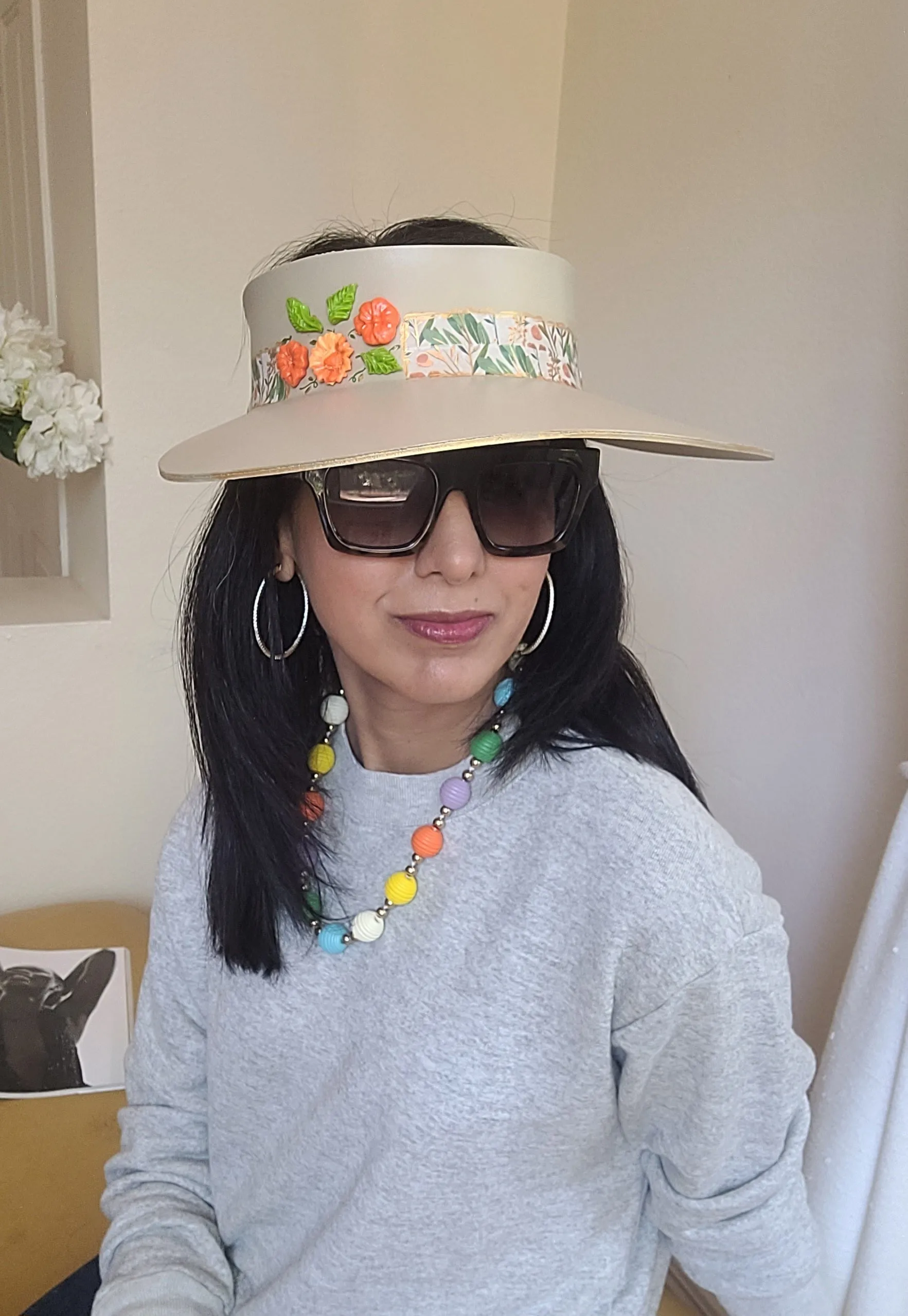 Beige "LadyEVA" Visor Hat with Orange Blossoms