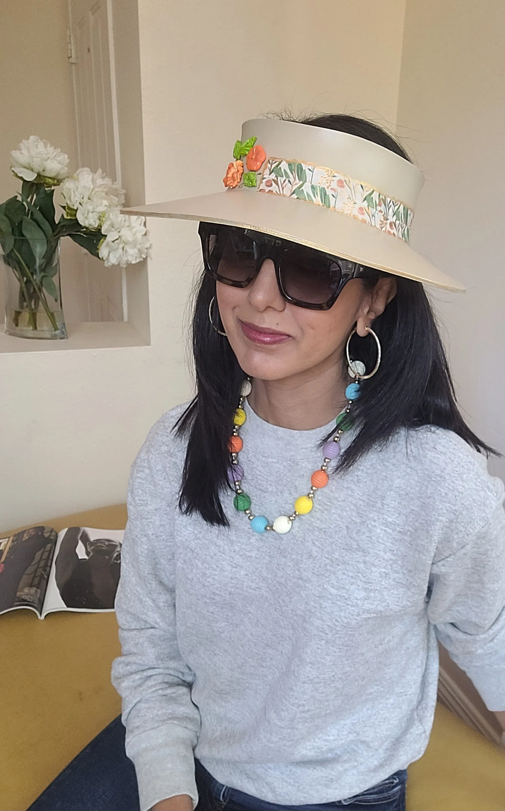 Beige "LadyEVA" Visor Hat with Orange Blossoms