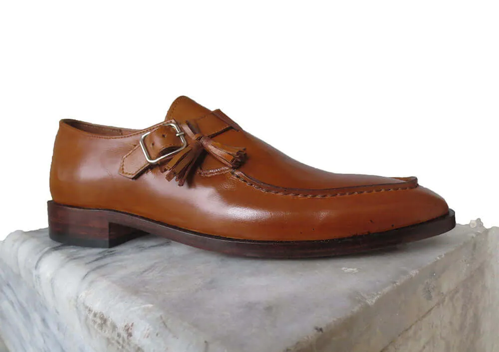 Bespoke Brown Leather Monk Strap Tussle Loafer Shoe for Men