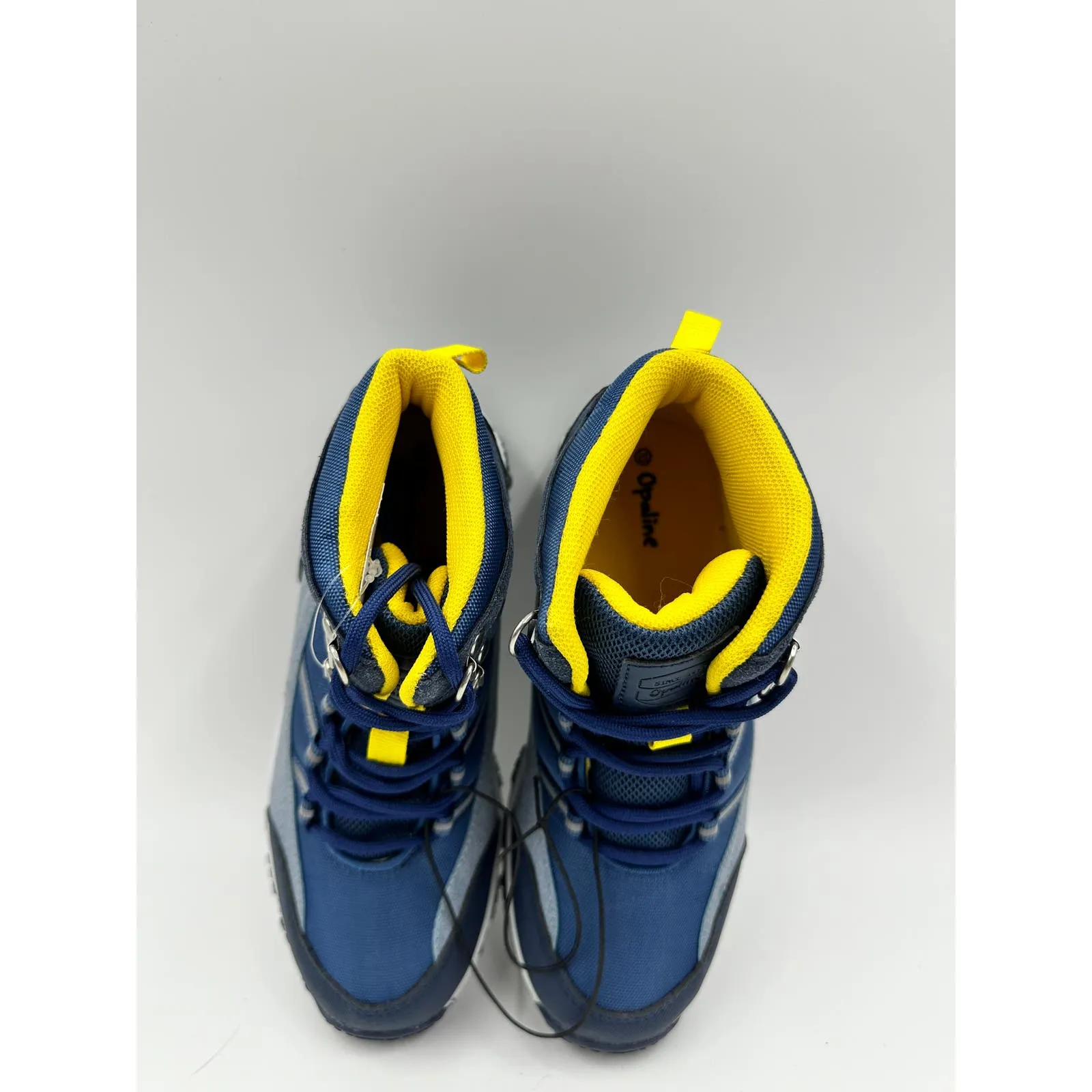 Big Kid Size 3, High Top Blue Hikers w/ Yellow & Gray Accents Rubber Toe Cap