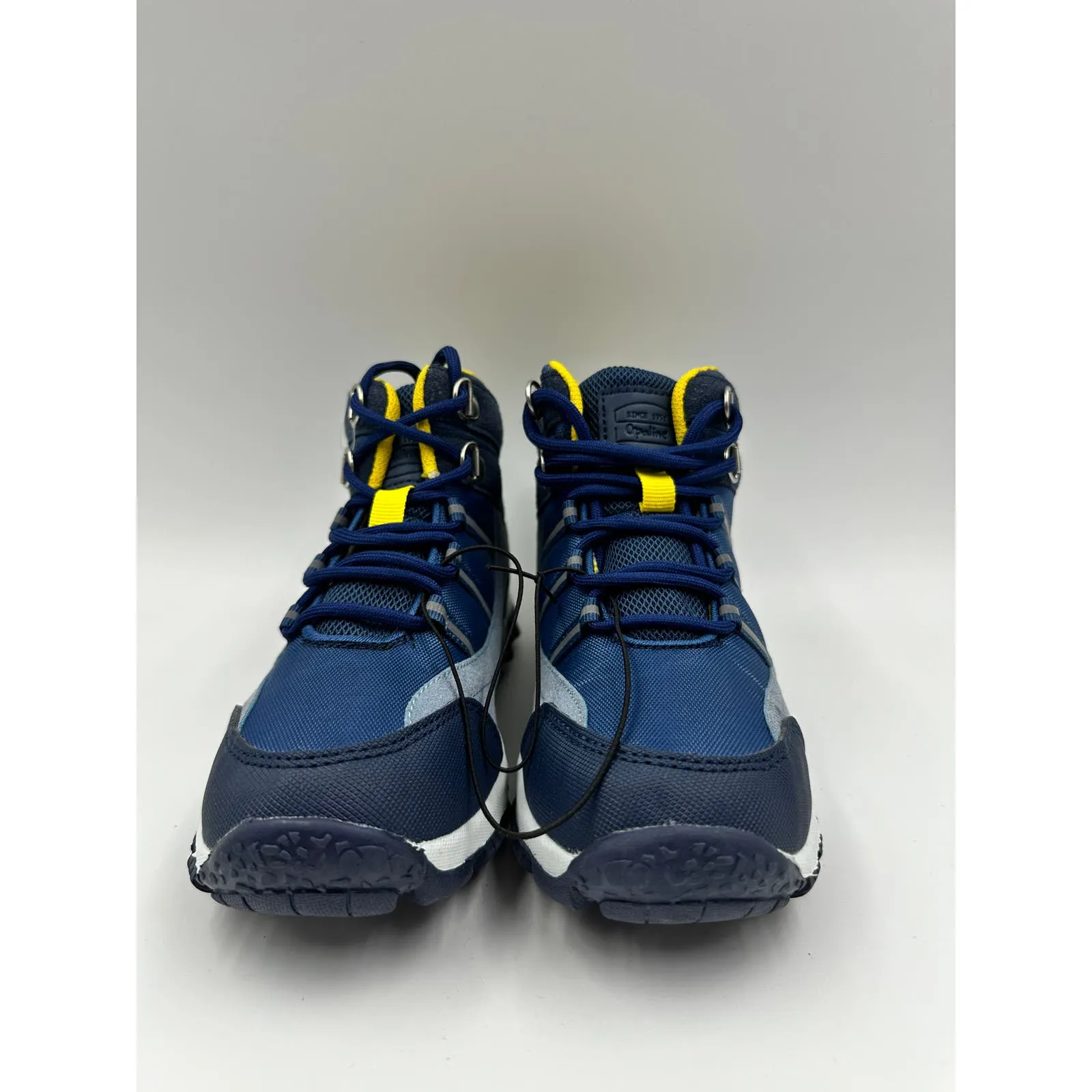 Big Kid Size 3, High Top Blue Hikers w/ Yellow & Gray Accents Rubber Toe Cap