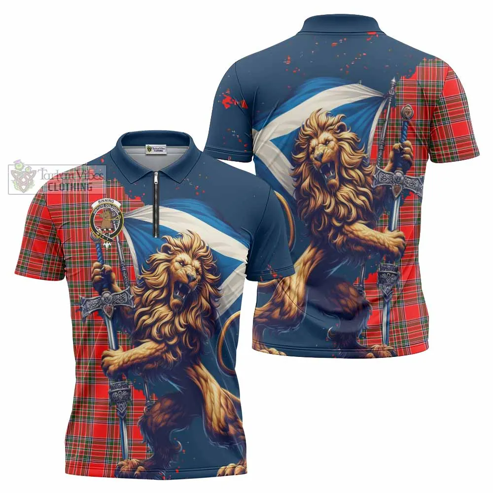 Binning Tartan Family Crest Zipper Polo Shirt with Scottish Majestic Lion