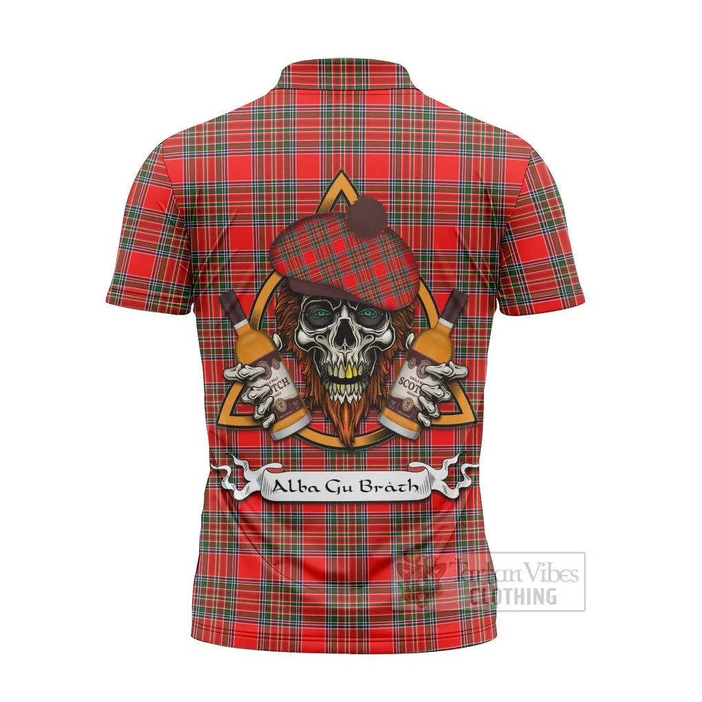 Binning Tartan Zipper Polo Shirt with Family Crest and Bearded Skull Holding Bottles of Whiskey