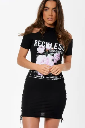 Black Cold Shoulder Lace Up Side T-shirt Dress - Tilly