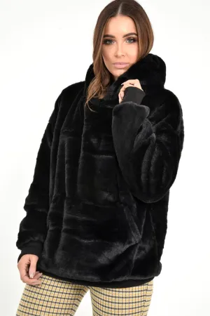 Black Faux Fur Pocket Front Hoodie - Madi