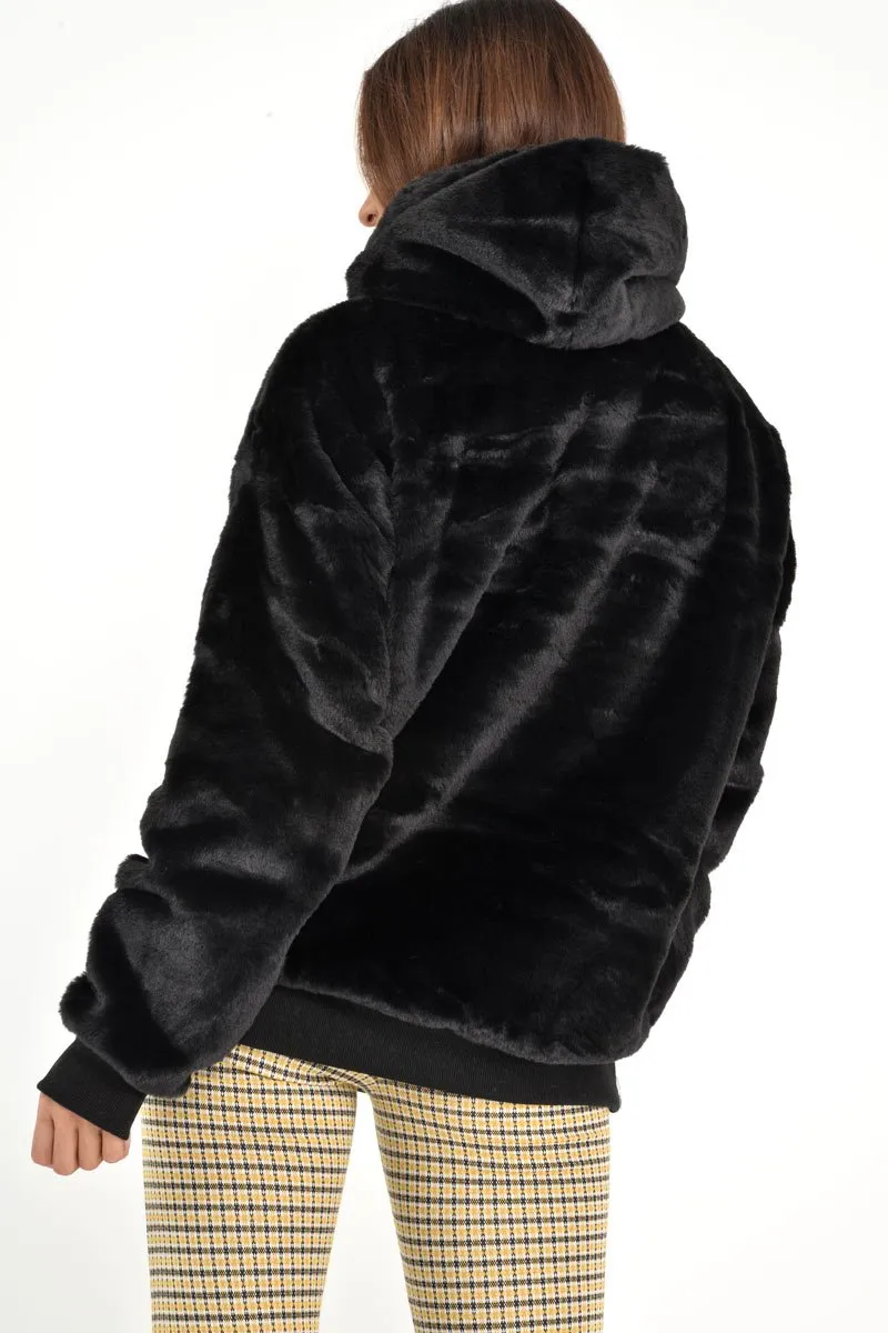 Black Faux Fur Pocket Front Hoodie - Madi