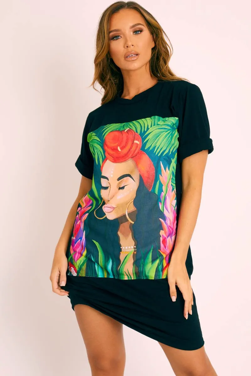 Black Graphic Printed T-shirt Dress - Meeka